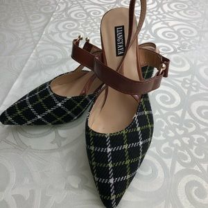 Plaid fabric shoes with 2.5" block heel